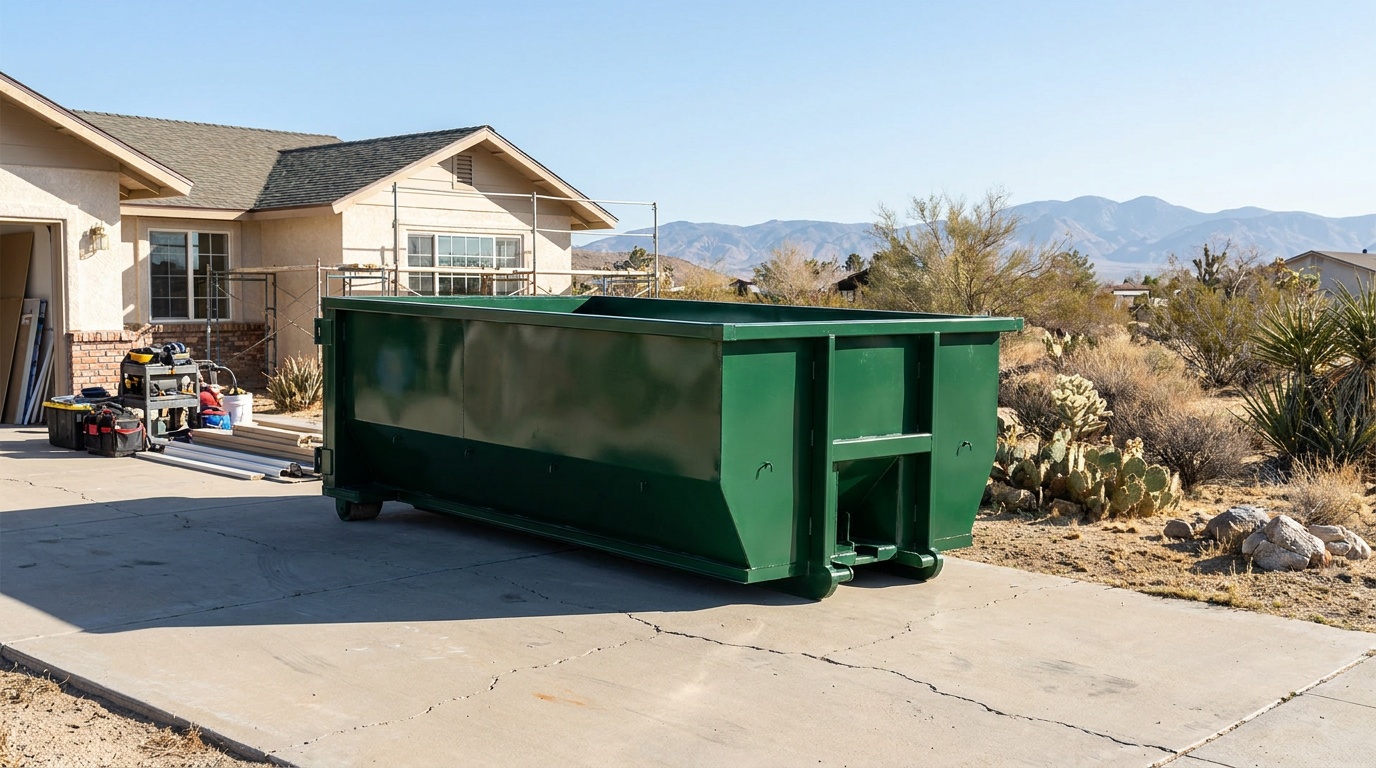 Roll-off dumpster on a driveway in Newport Beach